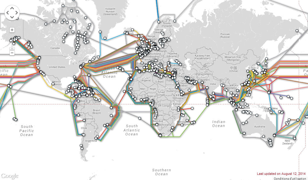 Câbles sous-marins.
Source : http://www.submarinecablemap.com/